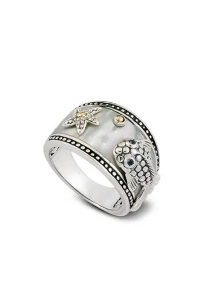 Samuel B. Mother-of-pearl Animal Overlay Ring In Silver/ Gold/ Dark Green