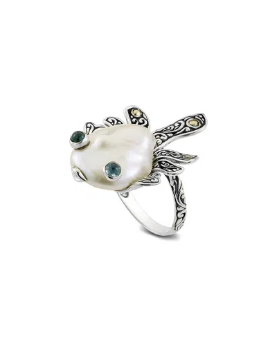 Samuel B. Silver & 18k Blue Topaz & Pearl Ring