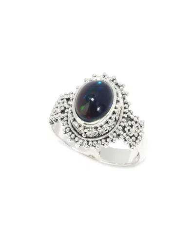 Samuel B. Ss Oval 9x7 Black Opal Beaded Ring In Metallic