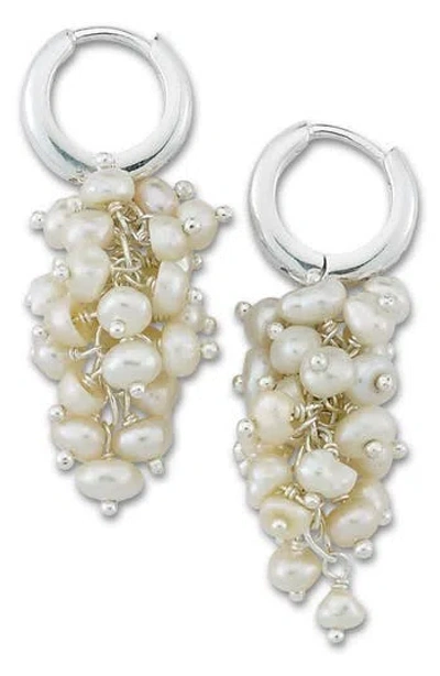 Samuel B. Sterling Silver Pearl Cluster Drop Huggie Hoop Earrings In Metallic