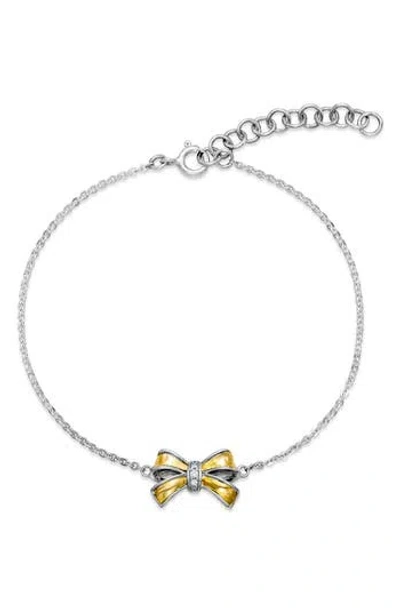 Samuel B. Two-tone White Topaz Ribbin Charm Bracelet In Metallic