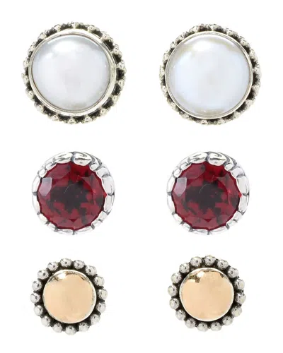 Samuel B. 18k & Silver 1.20 Ct. Tw. Garnet 7mm Pearl Set Of 3 Earrings In Multi