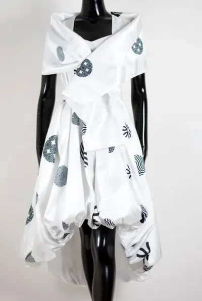 Samuel Dong Hi-lo Bubble Dress With Shawl In White/black