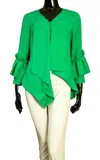 SAMUEL DONG STRETCH JACKET WITH RUFFLE FRONT SLEEVES IN JADE