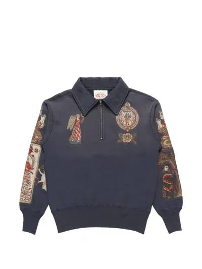 Samuel Zelig Folk Embroidered Quarter-zip Sweatshirt In Blue