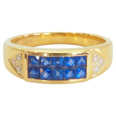 Pre-owned Samui Lapidary 18k Gold 1.30ct Squared Vivid Blue Sapphire & 0.06ct Diamond Band Ring