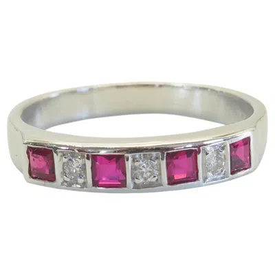 Pre-owned Samui Lapidary 18k White Gold 0.55ct Squared Ruby & 0.03ct Diamond Band Ring, Size 6.5