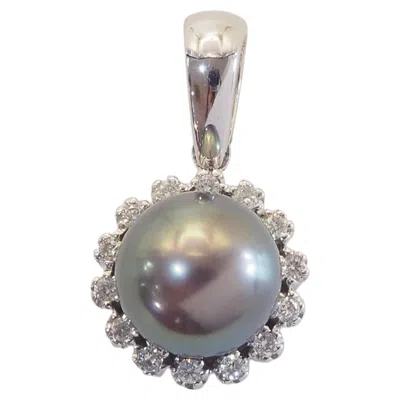 Pre-owned Samui Lapidary 18k White Gold 7.8mm Peacock Green Tahiti Pearl & 0.24ct Diamond Halo Pendant