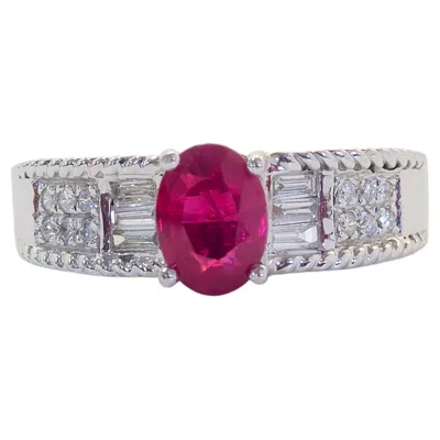 Pre-owned Samui Lapidary Certified 18k White Gold 1.07ct Oval Myanmar Ruby & 0.20ct Diamond Band Ring