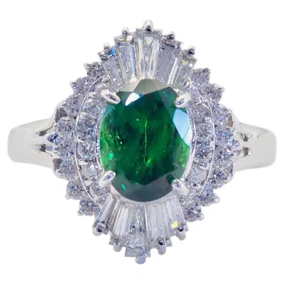 Pre-owned Samui Lapidary Certified 18k White Gold 1.51ct Oval Tsavorite & 0.62ct Diamond Ballerina Ring