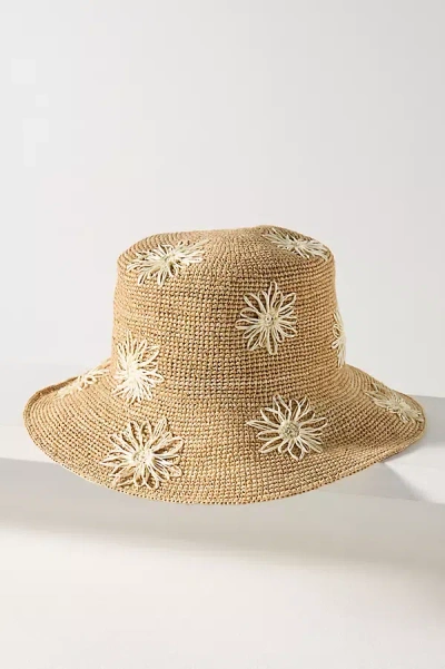 San Diego Hat Co. Floral Embroidered Straw Bucket Hat In White