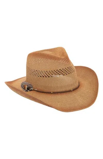 San Diego Hat Suede Cord & Feather Woven Open Stitch Hat In Brown