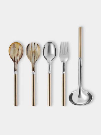 San Lorenzo 1979 Afra And Tobia Scarpa Sterling Silver And Gold Serving Cutlery In Wooden Box (set Of 5)