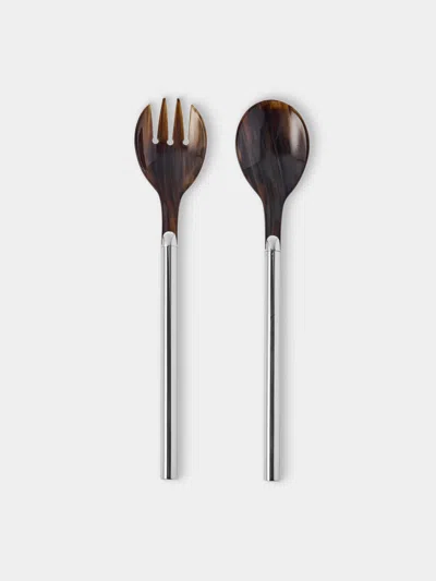 San Lorenzo 1979 Afra And Tobia Scarpa Sterling Silver And Horn Salad Servers (set Of 2) In Brown