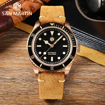 Pre-owned San Martin Sn004-q-b Vintage 6200 Automatic Cusn8 Bronze 38mm 20atm Diver Watch