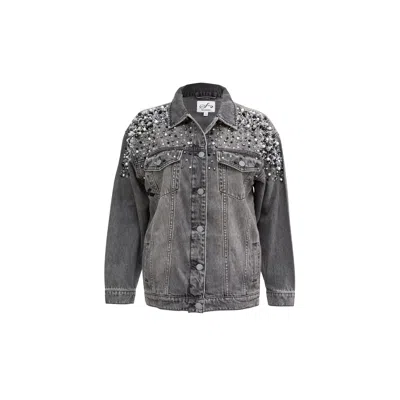 Sana T Women's Grey Hand Crafted Rhinestone Royalty Denim Jacket In Gray