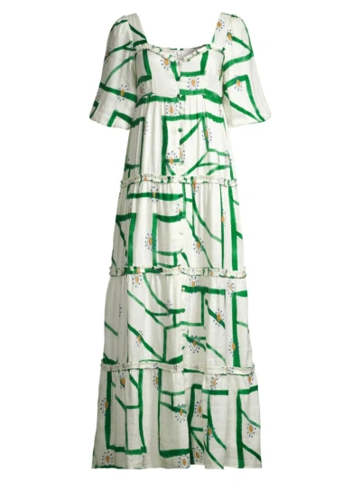 Sancia Women's Harlow Geometric-print Tiered Maxi Dress In Linen