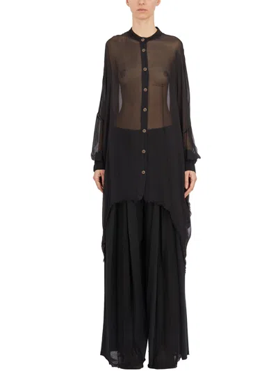 Sanctamuerte Long Viscose And Silk Shirt With Transparent Effect And Korean Neckline In Black