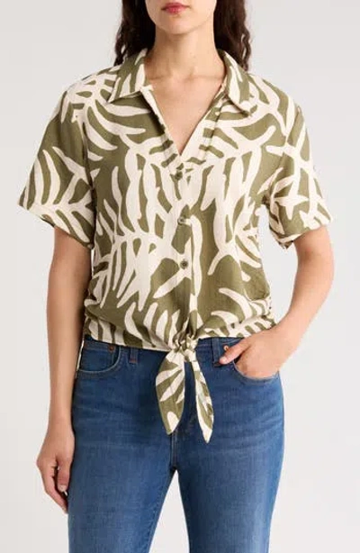 Sanctuary Baja Short Sleeve Tie Front Button-up Shirt In Palm Green