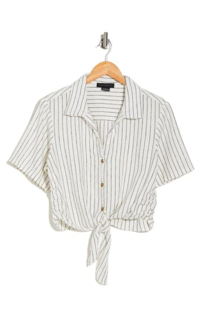 Sanctuary Baja Stripe Short Sleeve Linen Blend Button-up Top In White