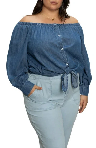 Sanctuary Ballet Tie Front Off The Shoulder Top In Blue Slate