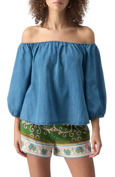 Sanctuary Beach To Bar Off The Shoulder Chambray Top In Bit Of Blue Wash