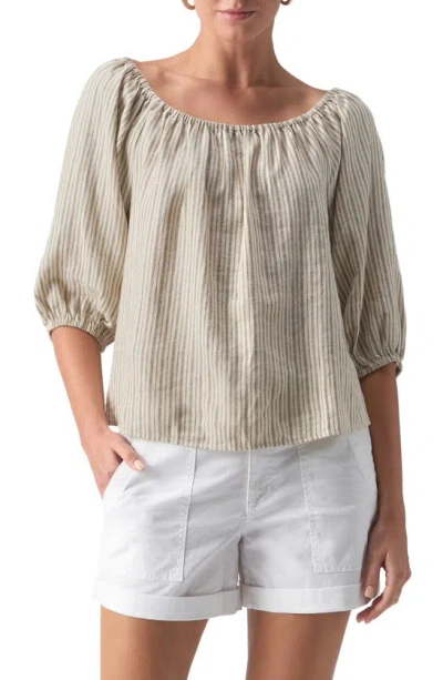 Sanctuary Beach To Bar Stripe Off The Shoulder Linen Blend Top In Eco Olive