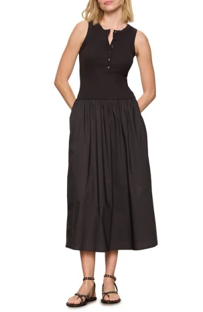 Sanctuary Breakaway Mixed Media Cotton Midi Dress In Black