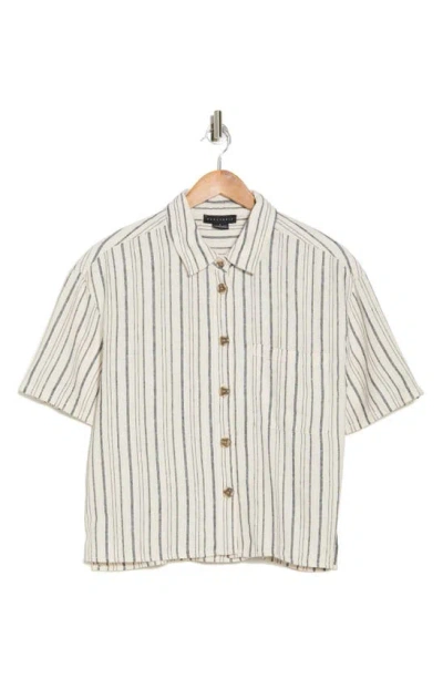 Sanctuary Camp Stripe Short Sleeve Linen Blend Shirt In Soft Powder