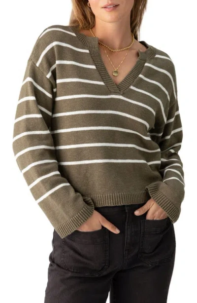 Sanctuary Chill Vibes Stripe Cotton V-neck Sweater In B. Olive Stripe