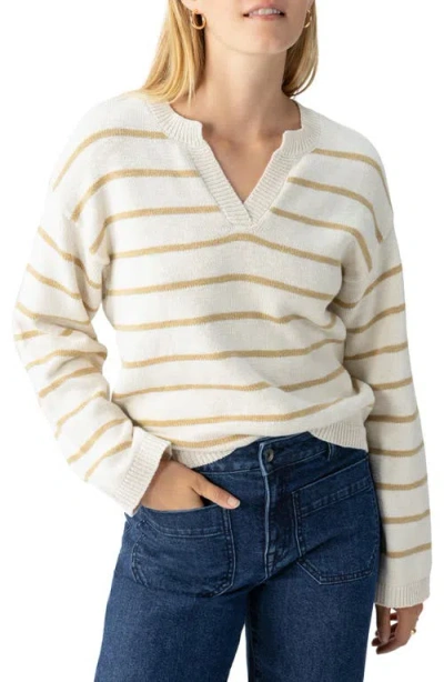 Sanctuary Chill Vibes Stripe Cotton V-neck Sweater In Gold/chalk