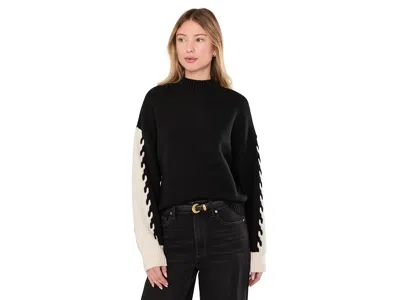 Sanctuary Color-block Mock Neck Pullover Women's Sweater Black/bone: Sm (us 4-6), Acrylic/cotton/polyester In Animal Print