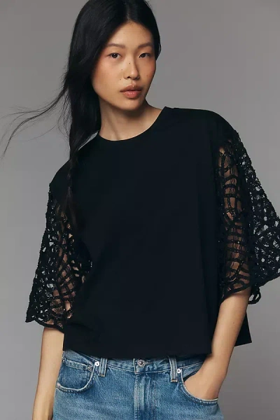 Sanctuary Crochet-sleeve T-shirt Top In Black
