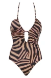 Sanctuary Women's Party Animal Printed Cross-neck Swimsuit In Flax