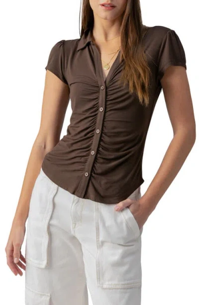 Sanctuary Dream Shirred Placket Knit Button-up Shirt In Brown
