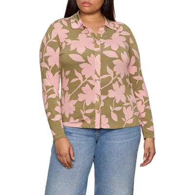 Sanctuary Dreamer Floral Knit Button-up Shirt In Green