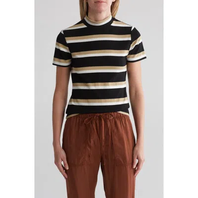 Sanctuary Essential Stripe Mock Neck Ribbed T-shirt In Black/milk/tan Stripe