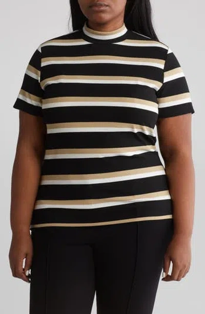 Sanctuary Essential Stripe Mock Neck T-shirt In Black/milk/tan