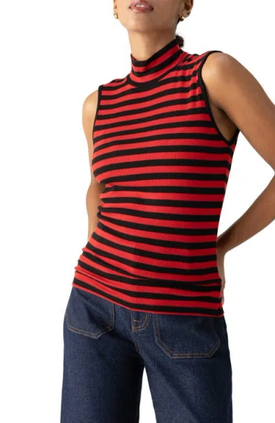 Sanctuary Essential Stripe Sleeveless Mock Neck Knit Top In Black,cherry Red Stripe