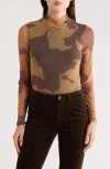 Sanctuary Everyday Mock Neck Long Sleeve Mesh Top In Brown