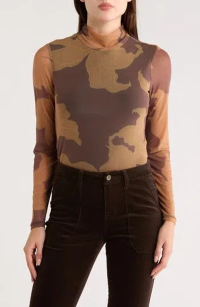 Sanctuary Everyday Mock Neck Long Sleeve Mesh Top In Brown