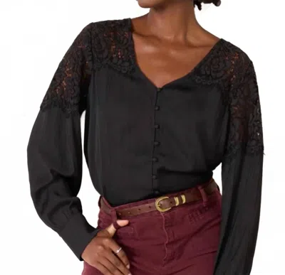 Sanctuary Falling Forward Lace Detail Crinkle Sateen Button-up Shirt In Black