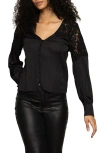 Sanctuary Falling Forward Lace Detail Crinkle Sateen Button-up Shirt In Black
