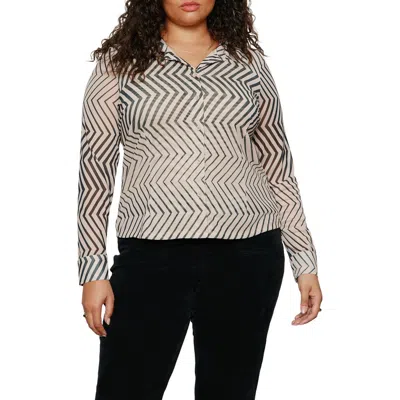 Sanctuary Femme Mixed Print Mesh Button-up Shirt In Black