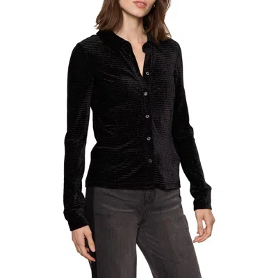 Sanctuary Fitted Textured Stripe Velvet Button-up Shirt In Black