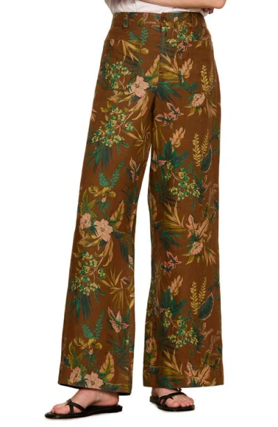 Sanctuary Floral Print Wide Leg Linen Pants In Brown