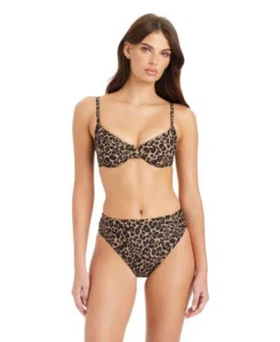 Sanctuary French Kitty Over The Shoulder Underwire Bra With Removable Cups High Leg High Rise Swim Bottoms In Brown