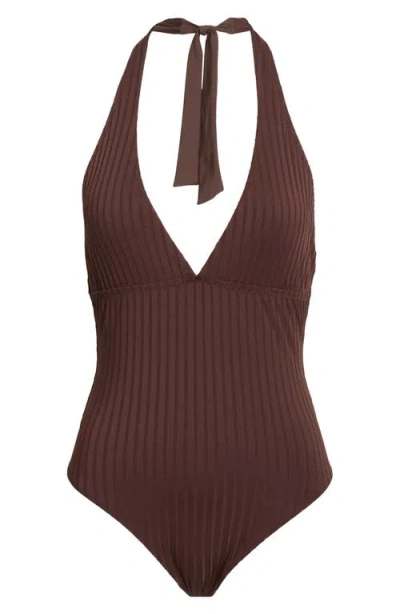 Sanctuary Halter Rib One-piece Swimsuit In Brown