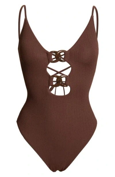 Sanctuary Keyhole Chain Link One-piece Swimsuit In Brown