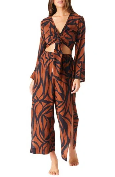 Sanctuary Knot Front Trumpet Sleeve Cotton Top In Earth